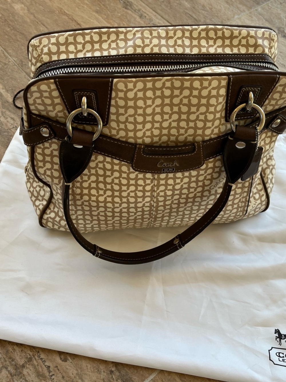 Coach Beige Signature Canvas Shoulder Tote with Brown Trim